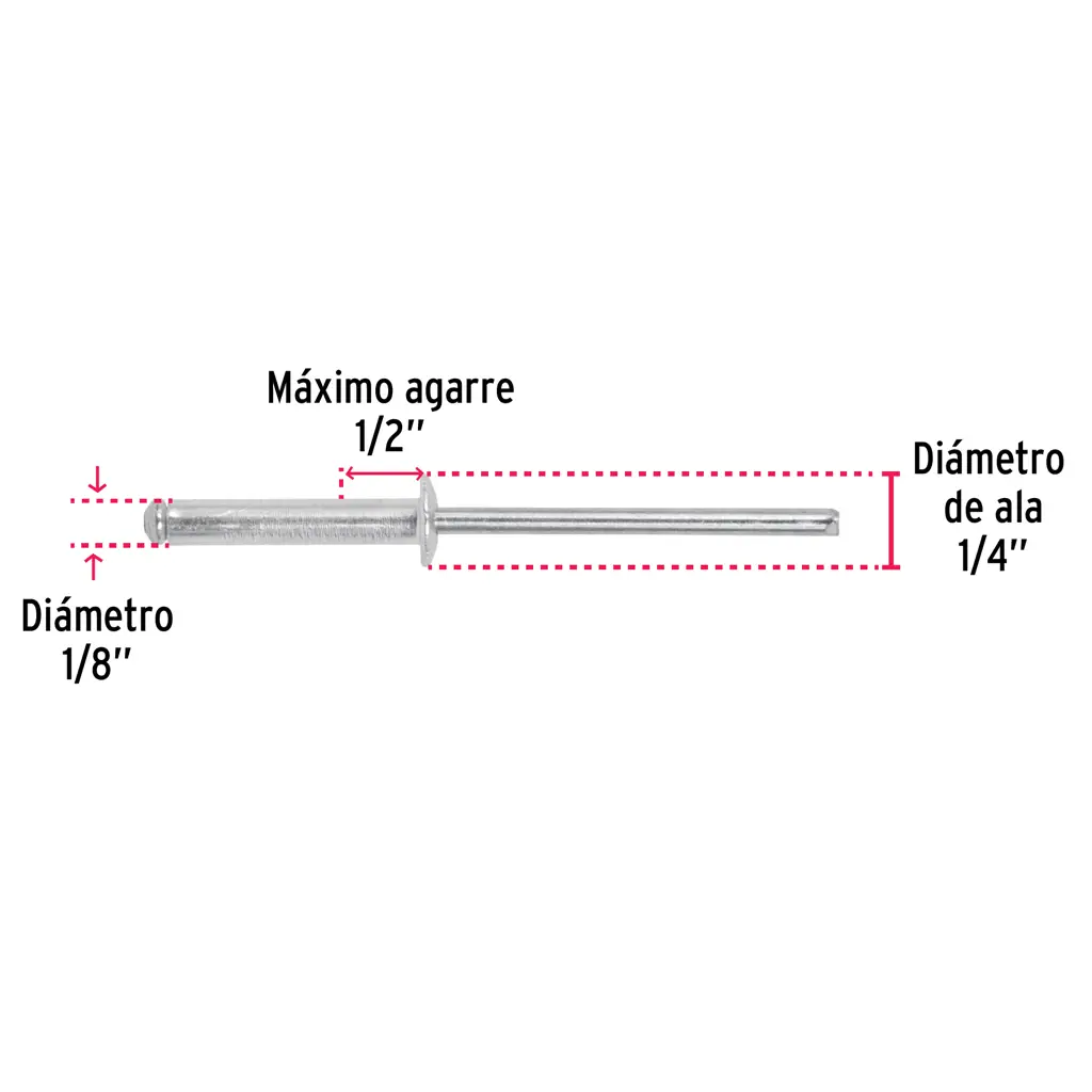 quema de dimensiones del remache R-48B Fiero indicando diámetro de 1/8 de pulgada, agarre máximo de 1/2 pulgada y ala de 1/4 de pulgada.