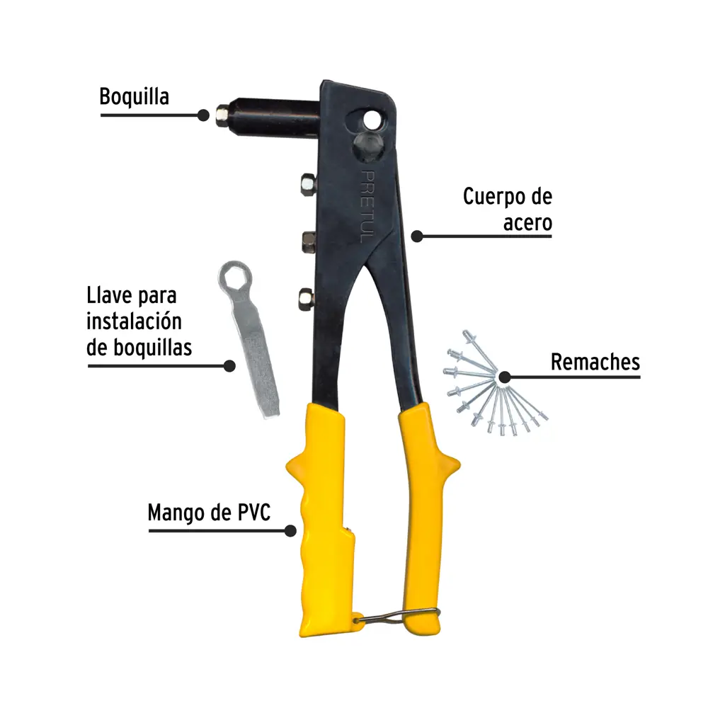 Detalle de cabezal y boquillas intercambiables para remaches remachadora Pretul RE-10PX