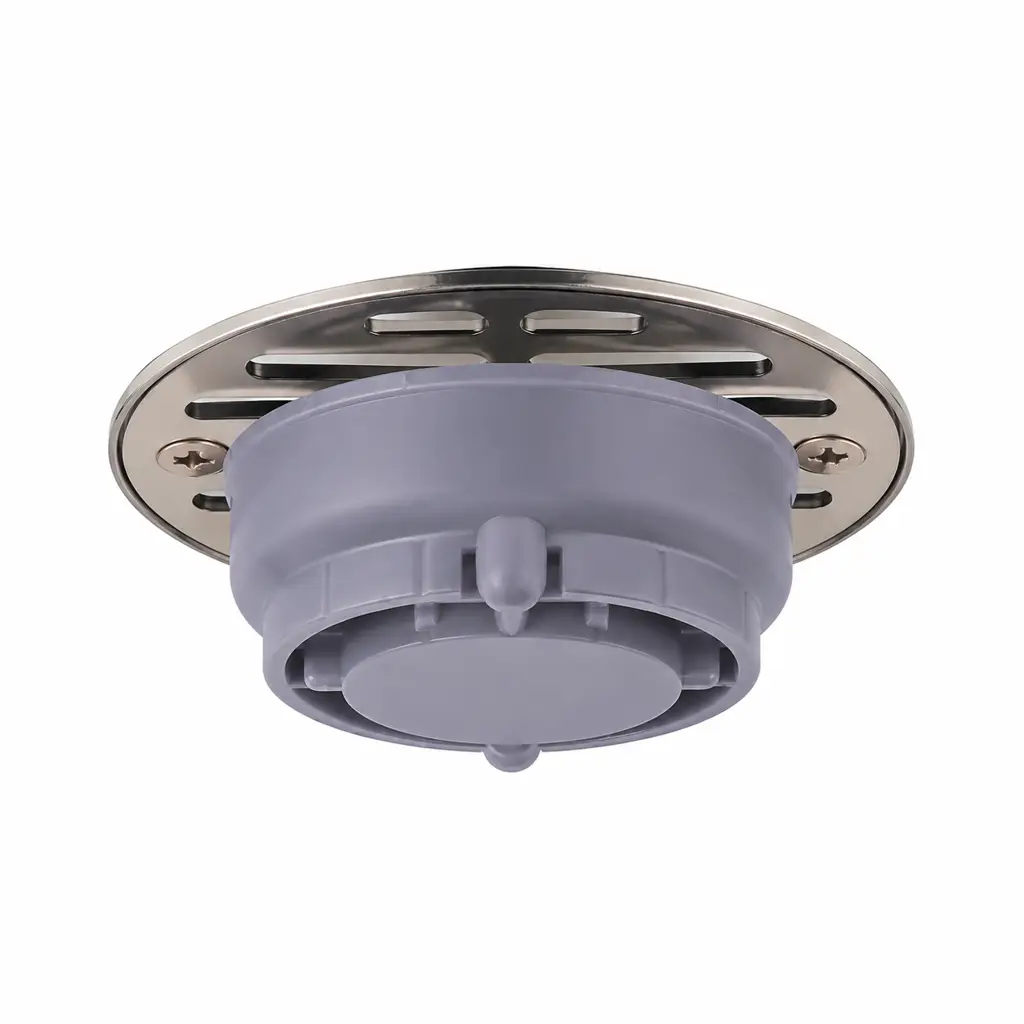 Desagüe de piso para ducha de dos pulgadas con rejilla metálica cromada y cuerpo de plástico gris 2