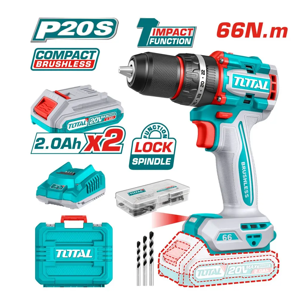 Taladro percutor inalambrico 20V Total UTIDLI20668 motor brushless sin carbones 1/2 pulgada incluye 2 baterias y accesorios venta en Dismaco