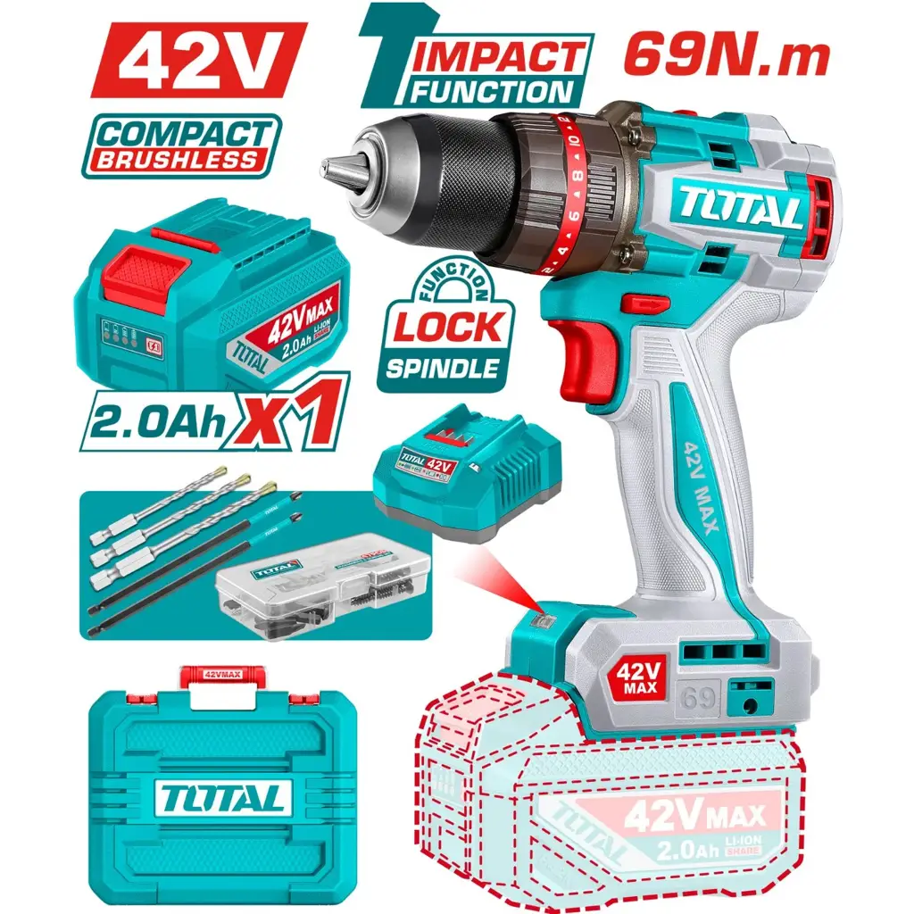 Taladro percutor inalámbrico Total de 42V con batería de 2.0 Ah y maletín de accesorios 1