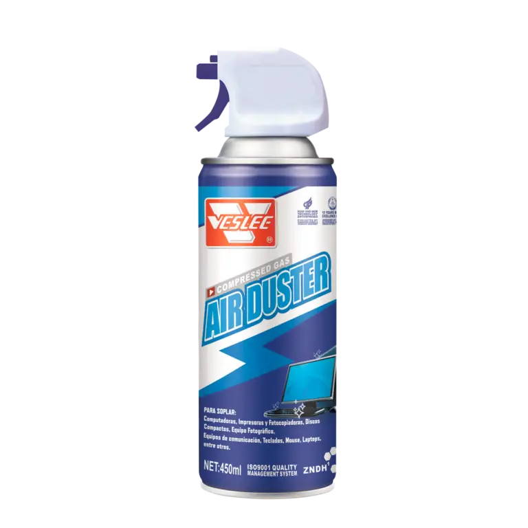 Vista general en fondo blanco de la lata de aire comprimido Veslee Air Duster de 450ml con gatillo dispensador para el catálogo de Disfersa y TG Store CR.