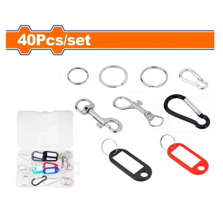 Set de accesorios para llaves Wadfow de 40 piezas con etiquetas y argollas modelo WKC1B01, disponible en Disfersa