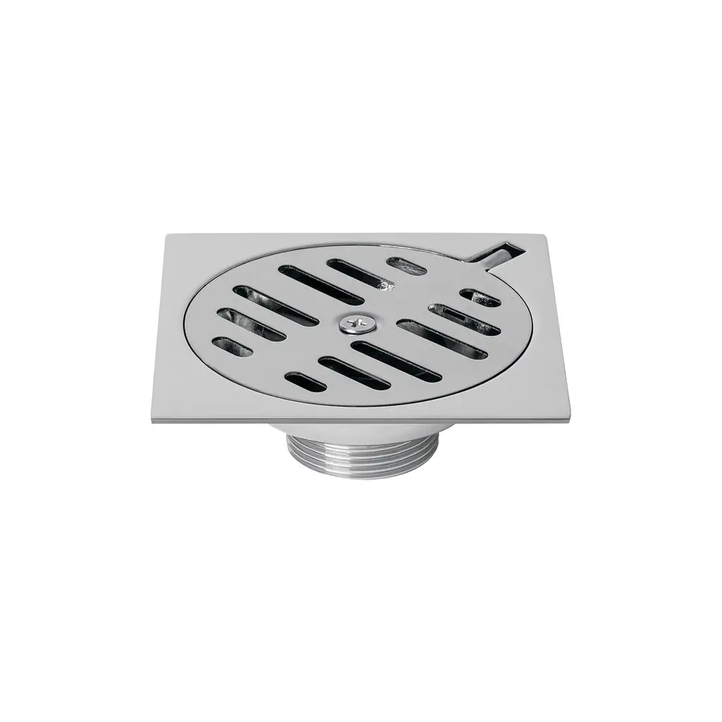 Vista superior de desagüe metálico Foset de 4 por 4 pulgadas con rejilla de acero inoxidable brillante 1