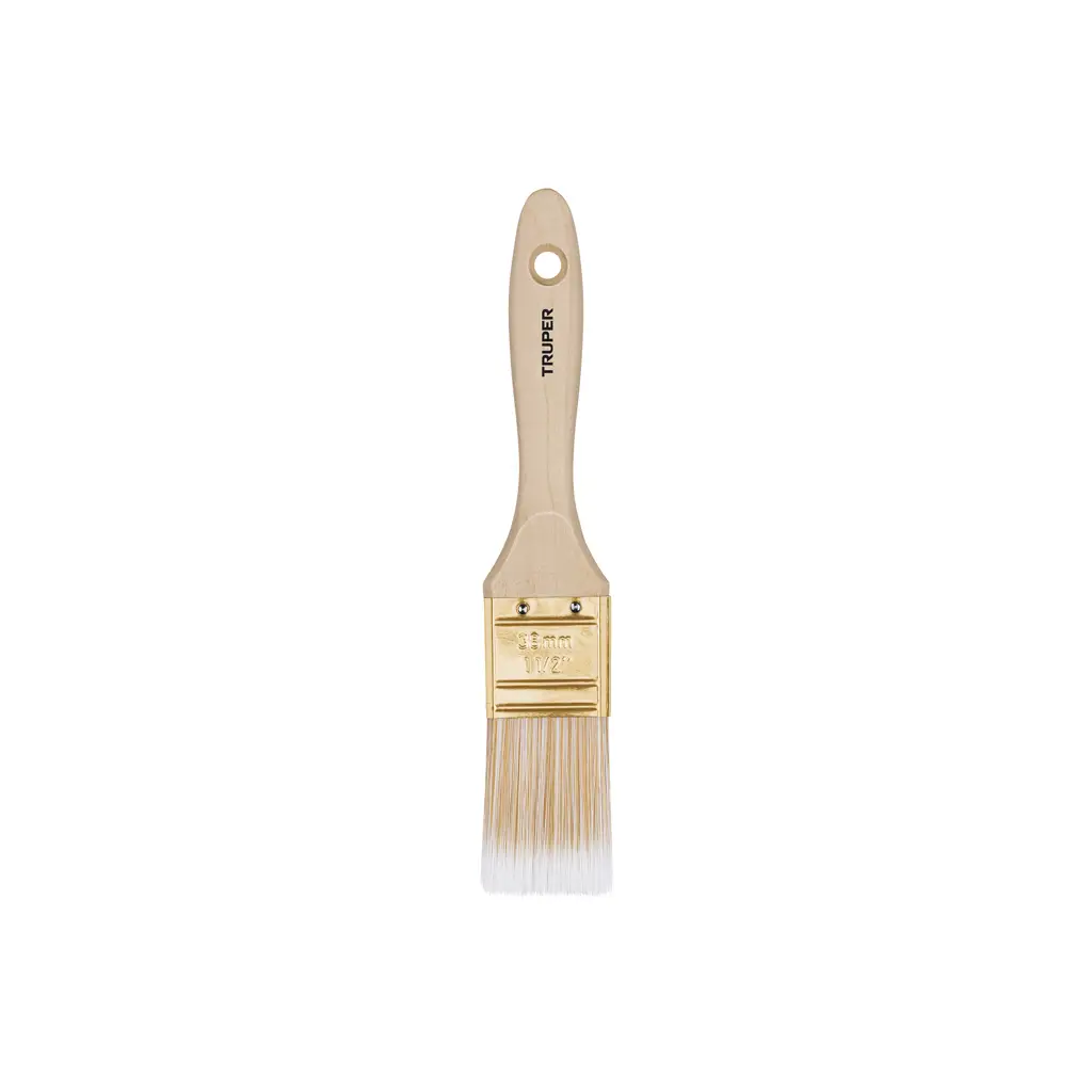 Brocha Truper de una y media pulgadas con mango de madera natural y cerdas de poliéster de corte recto 1