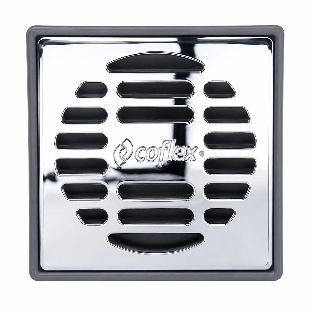 Desagüe de baño cuadrado marca Coflex con rejilla cromada brillante y cuerpo de ABS gris 1