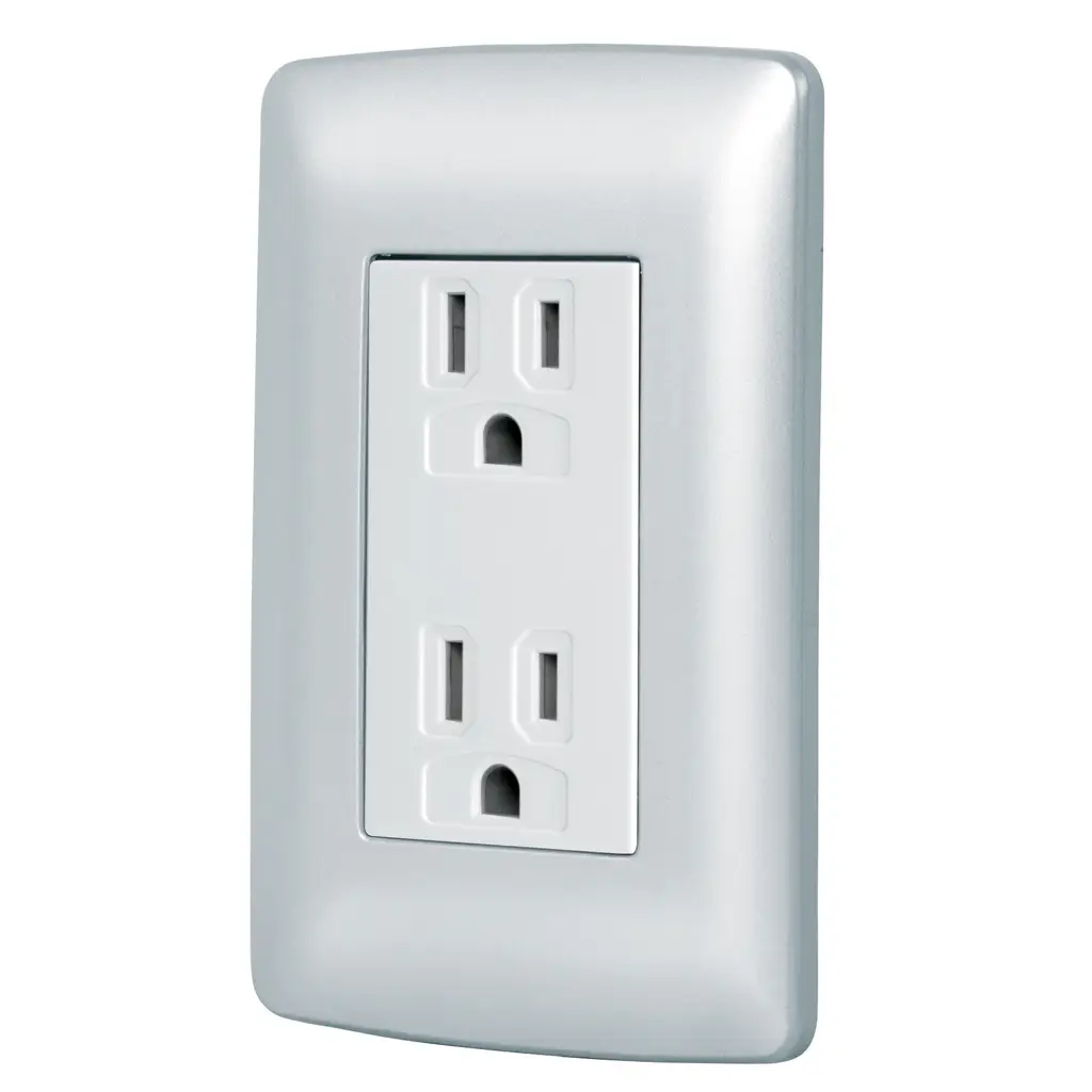 Tomacorriente doble con placa color plata polar marca Volteck 1