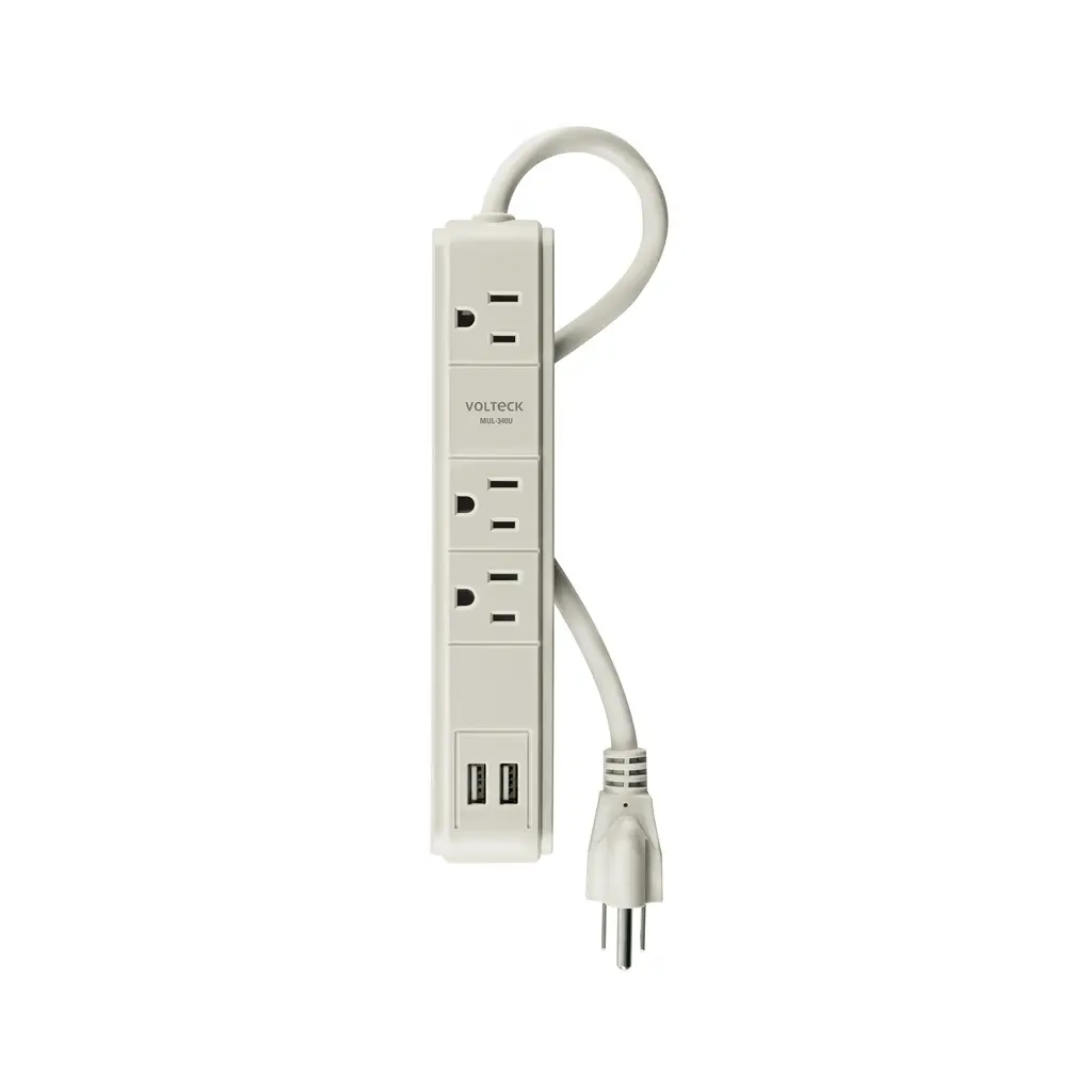 Regleta eléctrica Volteck de color blanco con tres tomacorrientes y dos puertos USB integrados 1