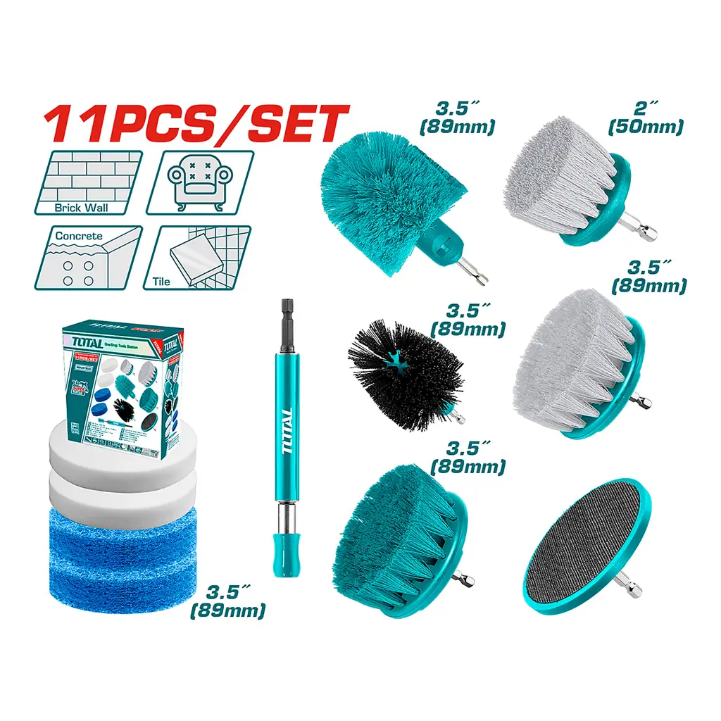 Set de 11 piezas de cepillos, esponjas y estropajos Total para acoplar a taladro o atornillador 1
