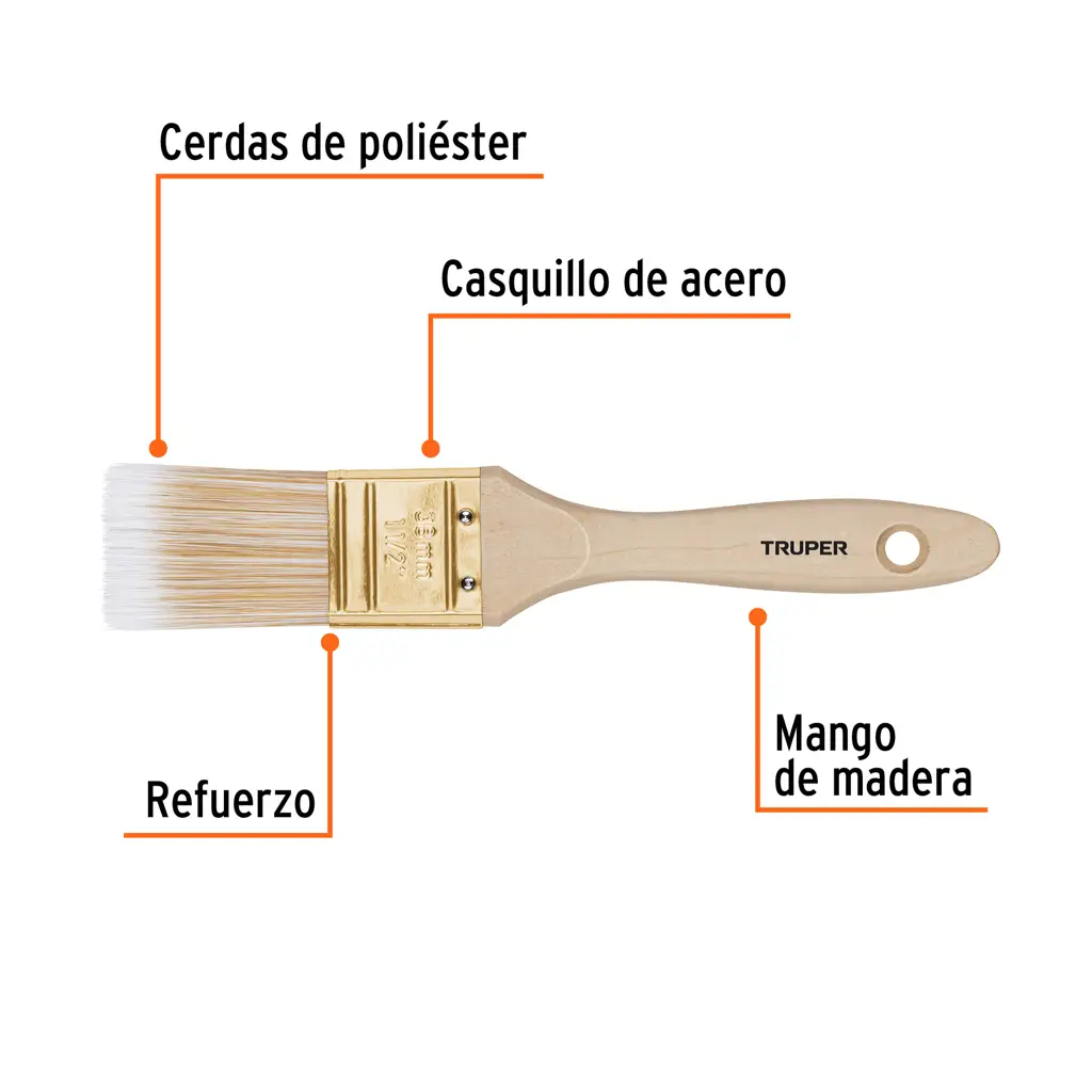 Brocha Truper de una y media pulgadas con mango de madera natural y cerdas de poliéster de corte recto 2