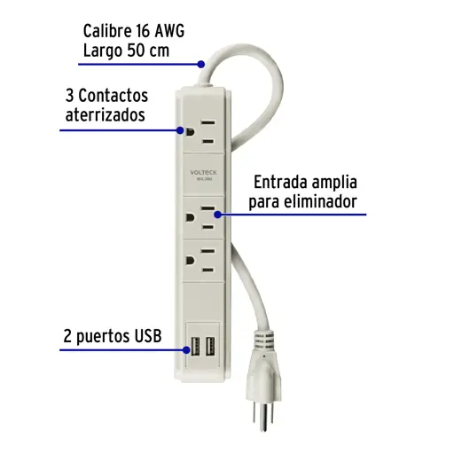 REGLETA 3 TOMAS CON 2 USB VOLTECK
