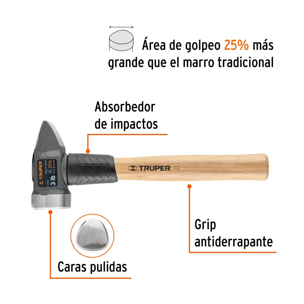Mazo para herrería Truper de 3 libras con mango de madera y cabeza de acero forjado 2