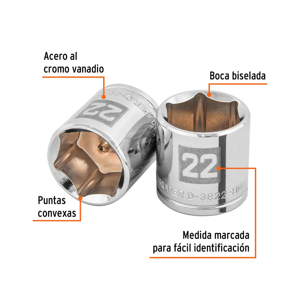DADO DE 6 PUNTAS, CUADRO 3/8", DE 22MM D-3822-HM