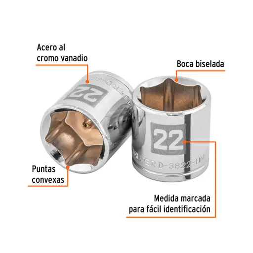 DADO DE 6 PUNTAS, CUADRO 3/8", DE 22MM D-3822-HM