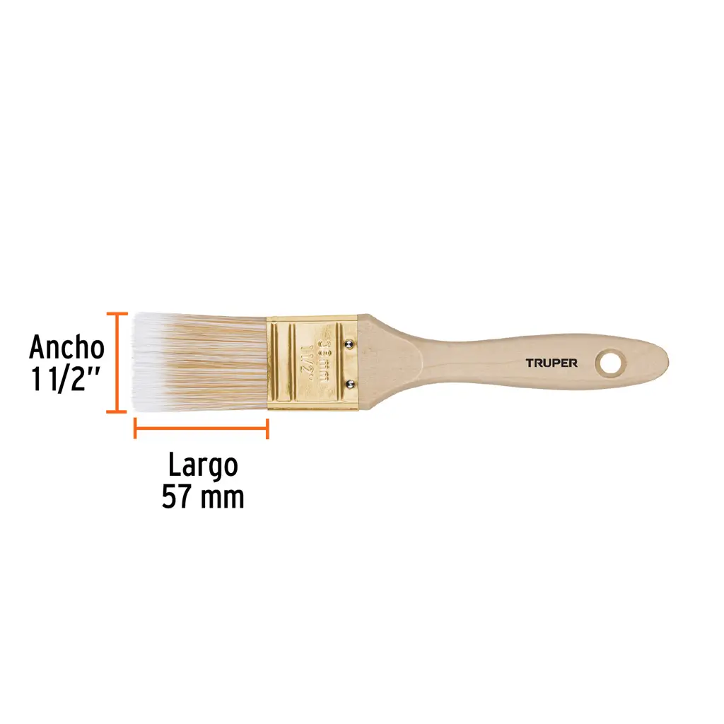 Brocha Truper de una y media pulgadas con mango de madera natural y cerdas de poliéster de corte recto 3