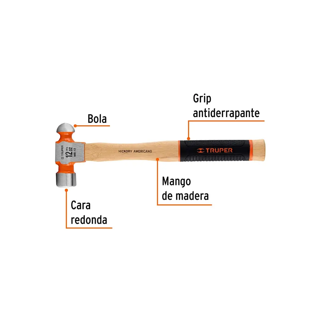 Martillo de bola Truper de 12 oz con mango de madera hickory resistente 2