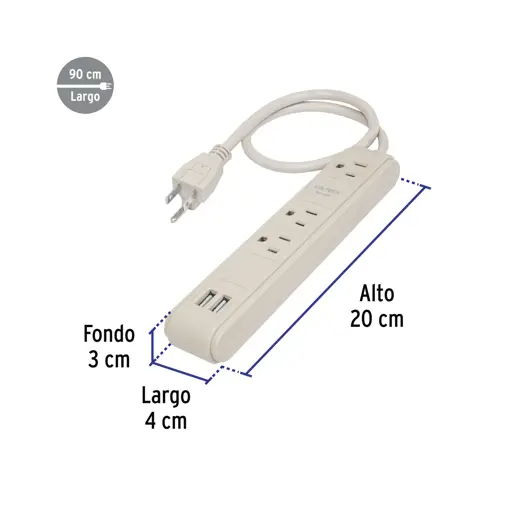 REGLETA 3 TOMAS CON 2 USB VOLTECK
