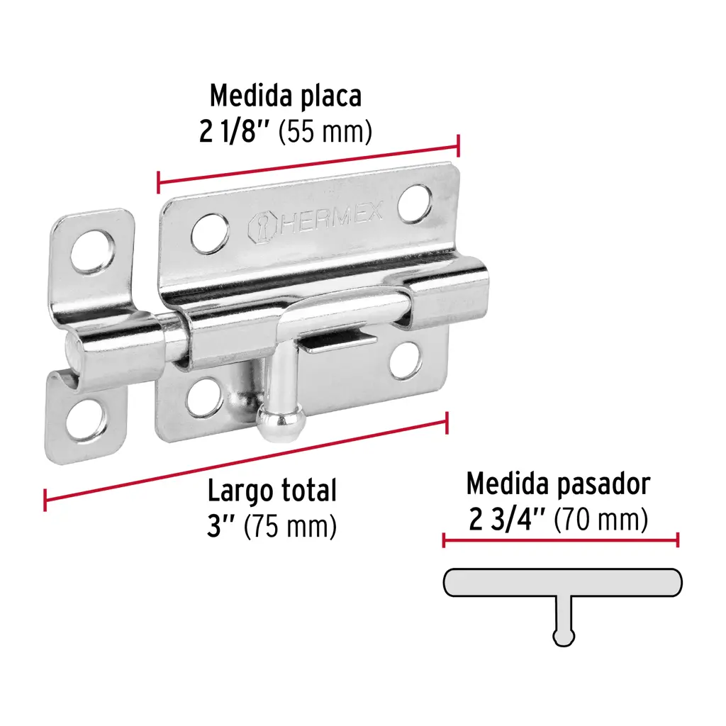 Pasador de barra de acero cromado Hermex de 3 pulgadas con tornillos de instalación 3