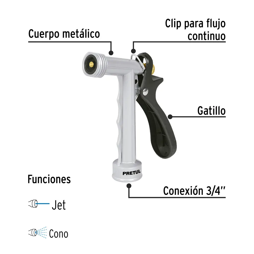 Pistola metálica para riego de 5 pulgadas marca Pretul con clip para flujo continuo 2