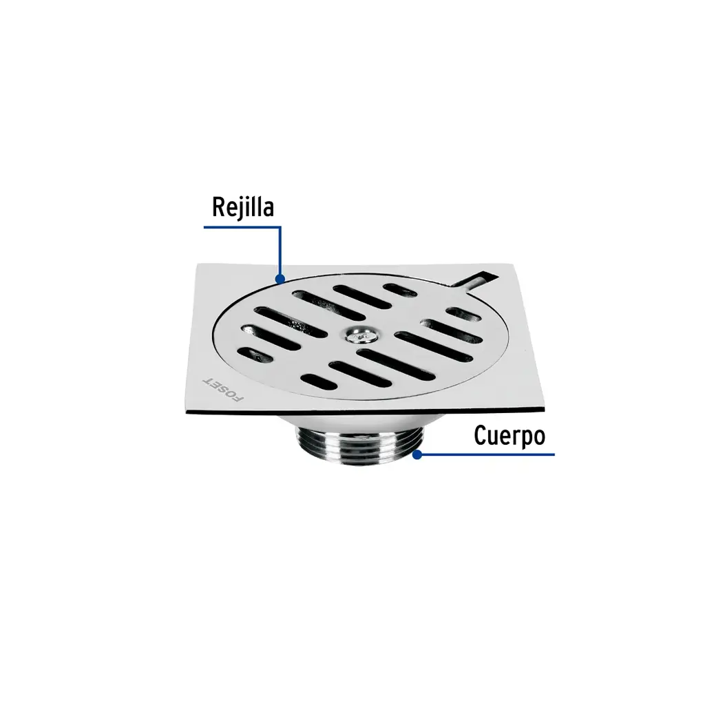 Vista superior de desagüe metálico Foset de 4 por 4 pulgadas con rejilla de acero inoxidable brillante 2