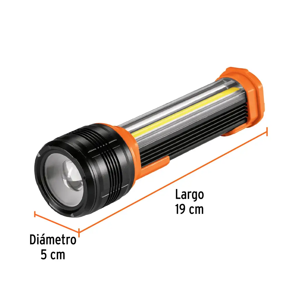 Foco recargable Truper Expert de aluminio con luz frontal LED de alta potencia y luz lateral COB 3
