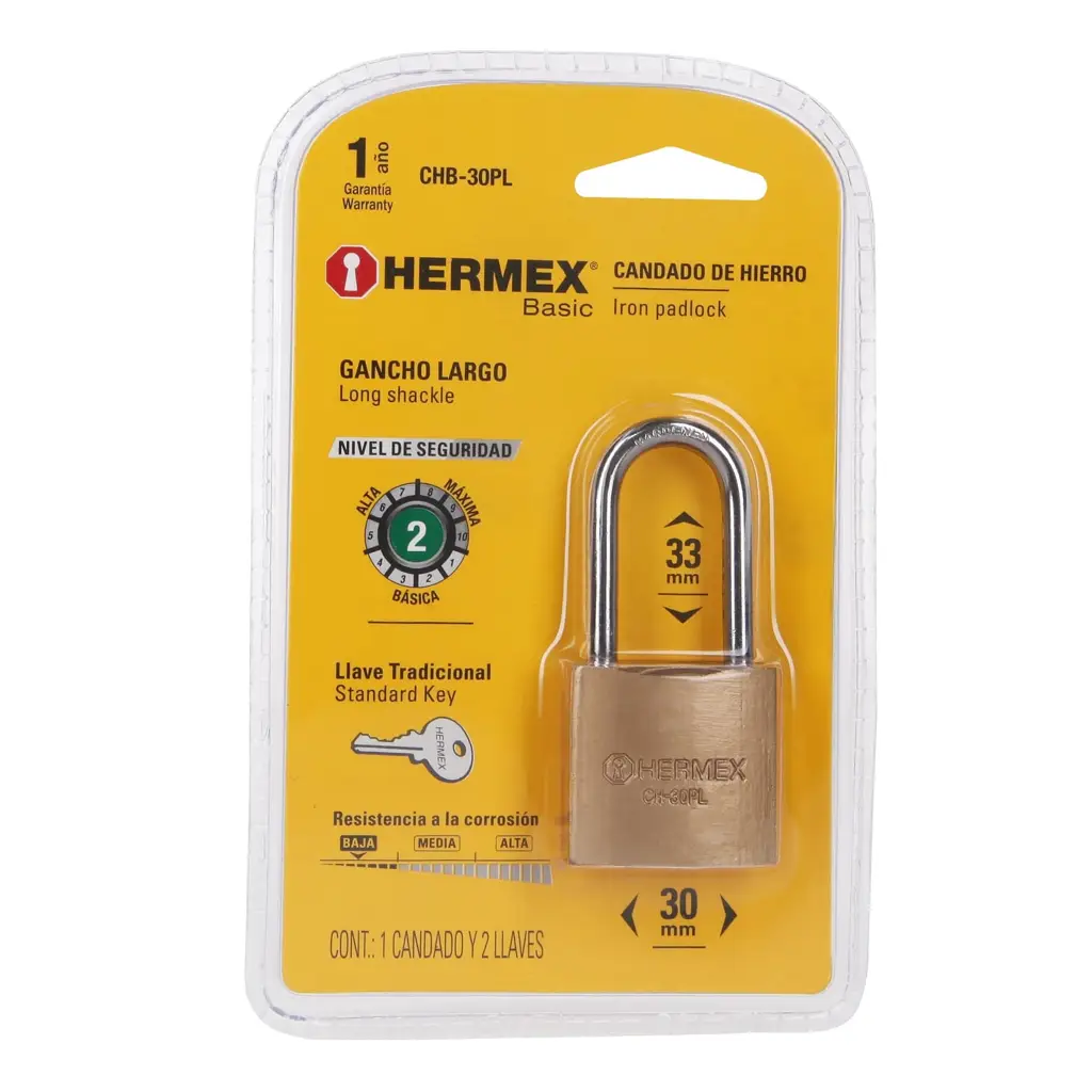 Candado de hierro Hermex de 30 milímetros con gancho largo y acabado color latón con sus dos llaves 4