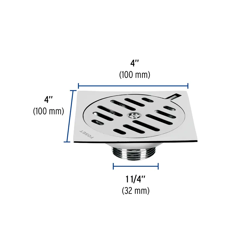 Vista superior de desagüe metálico Foset de 4 por 4 pulgadas con rejilla de acero inoxidable brillante 3