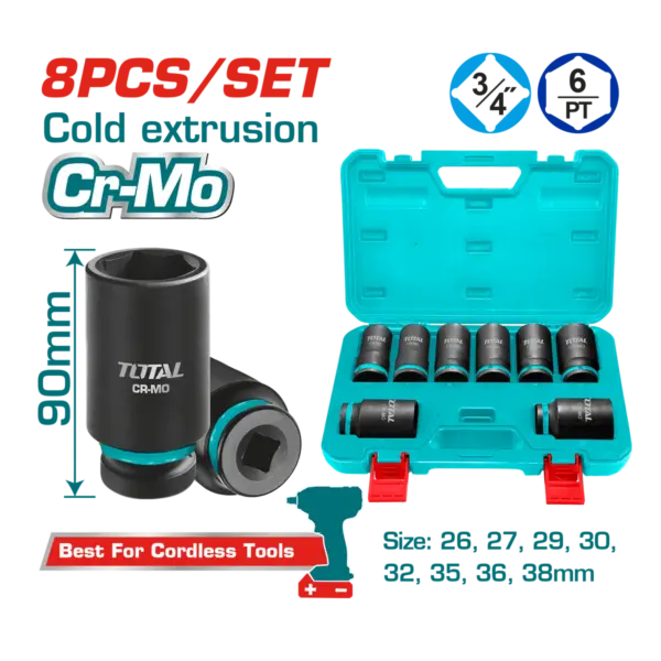 JUEGO DE CUBOS IMPACTO 3/4" 26-38MM 8 PIEZAS TOTAL