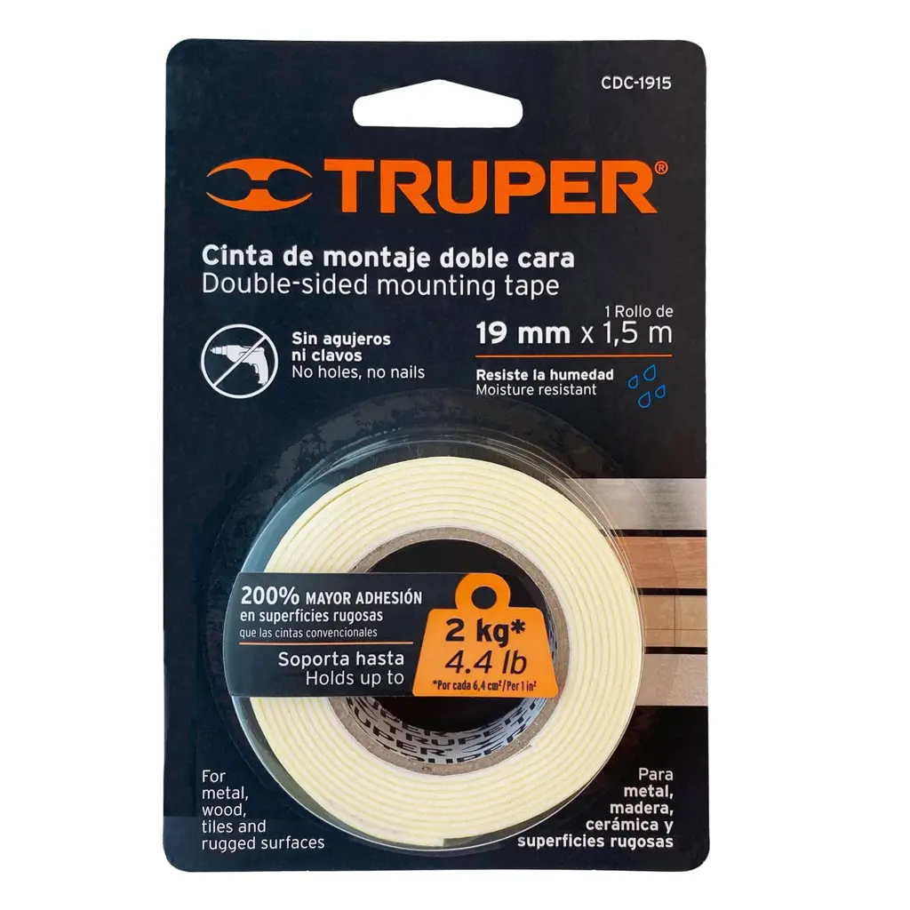 CINTA DOBLE CARA BLANCA 19MM X 1.5M TRUPER — vista 2
