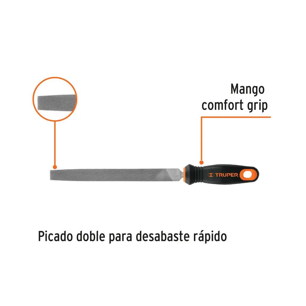 Vista de la lima plana Truper con etiquetas que señalan su "Mango comfort grip" y su "Picado doble para desbaste rápido" con una vista ampliada de la textura de la punta.