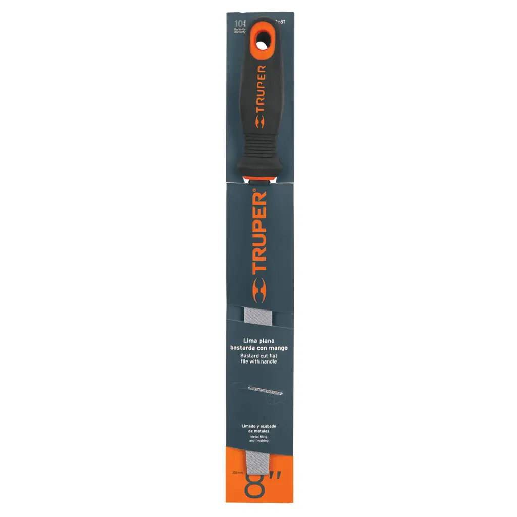 Vista frontal de la lima plana bastarda Truper de 8 pulgadas (200 mm) en su empaque de cartón de venta al público.