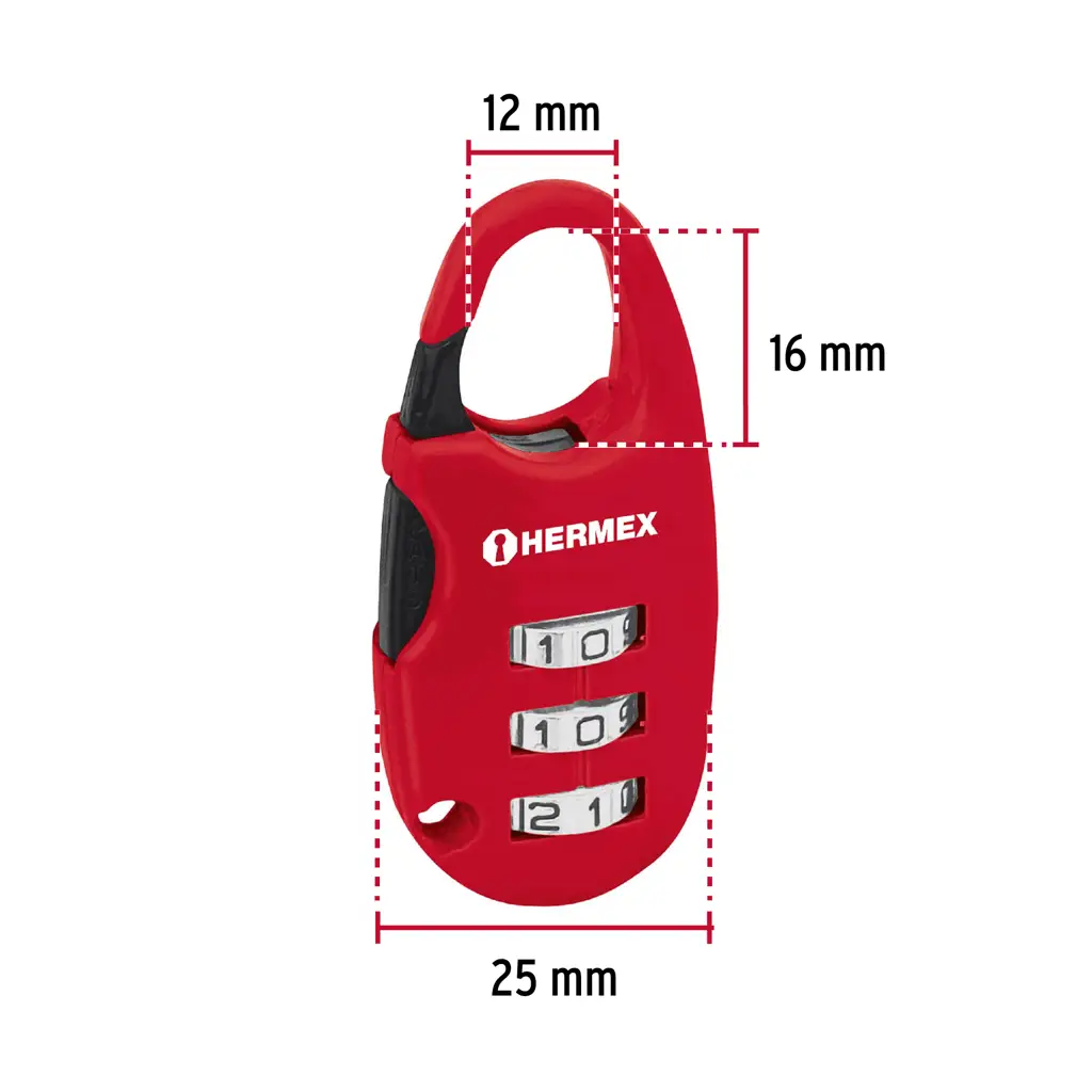 nfografía de especificaciones técnicas del candado Hermex destacando su cuerpo metálico de 25 milímetros y nivel de seguridad básico.