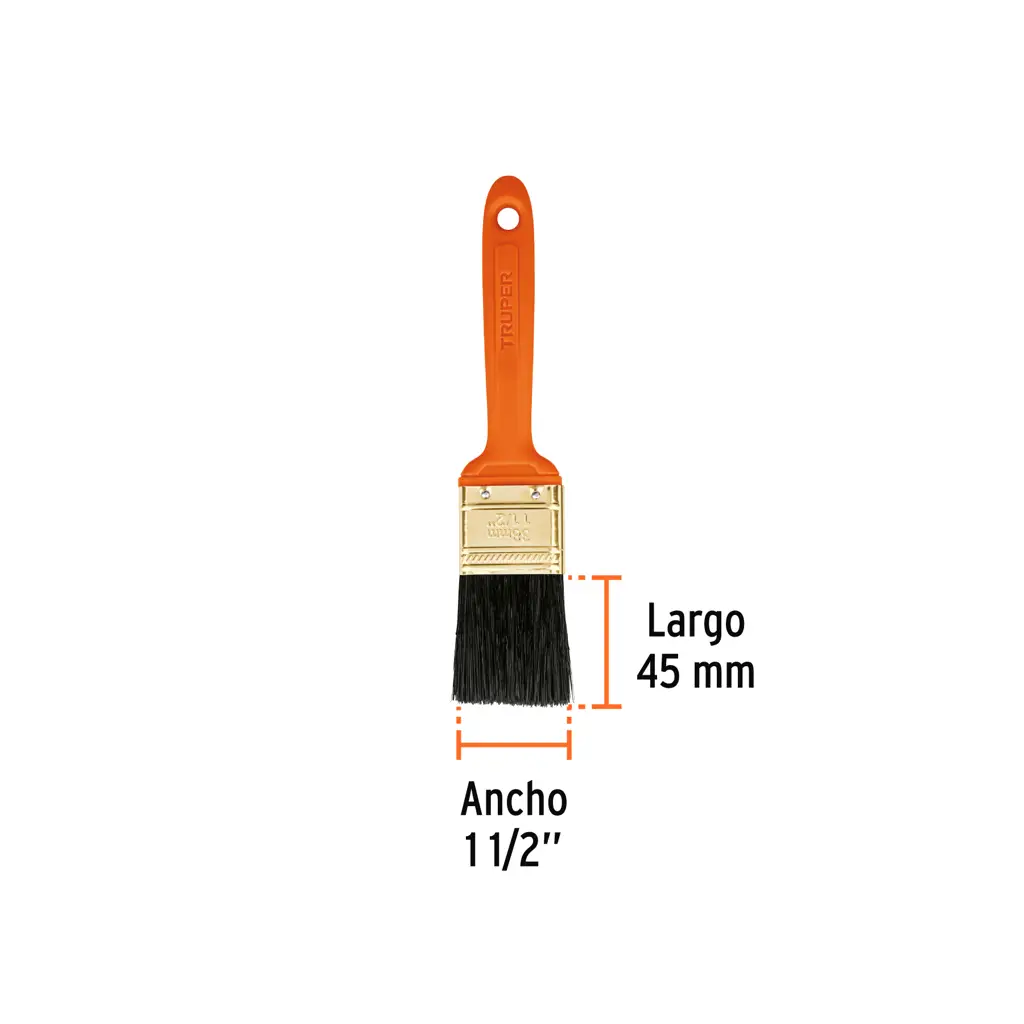 Esquema de dimensiones mostrando el ancho de 1-1/2 pulgadas y el espesor de 10 milímetros de la brocha Truper.