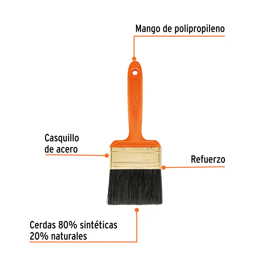 Brocha Truper de 3 pulgadas con mango de plástico negro y cerdas sintéticas y naturales. 2