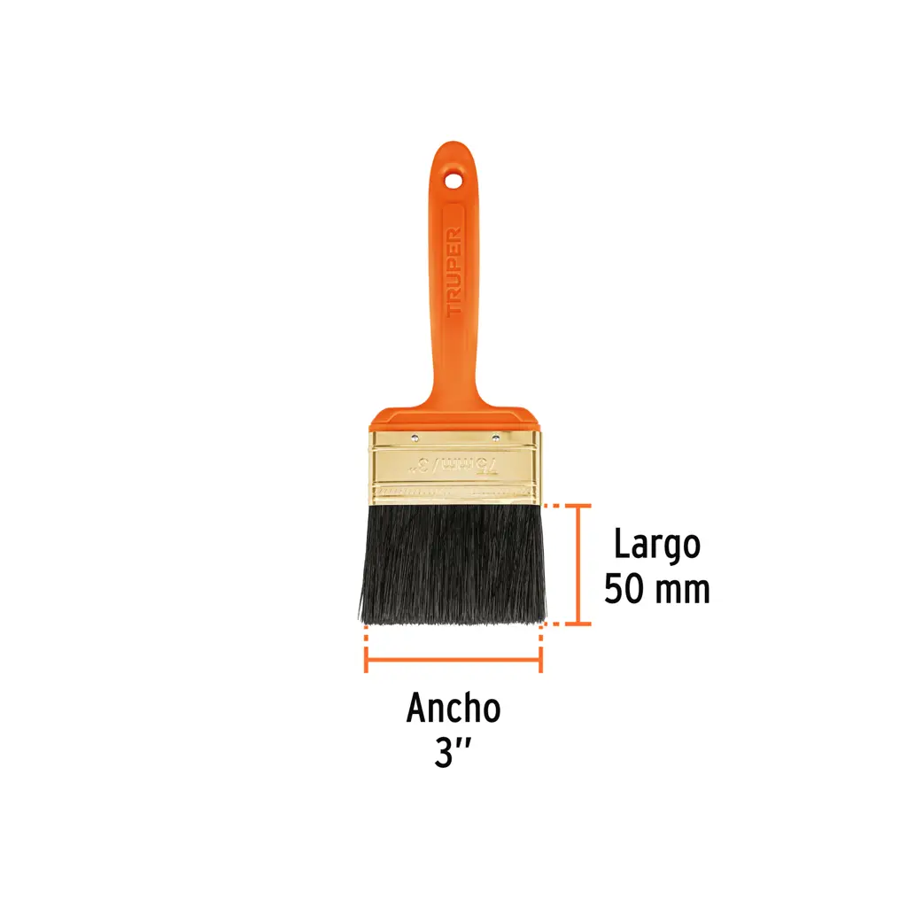 Brocha Truper de 3 pulgadas con mango de plástico negro y cerdas sintéticas y naturales. 3