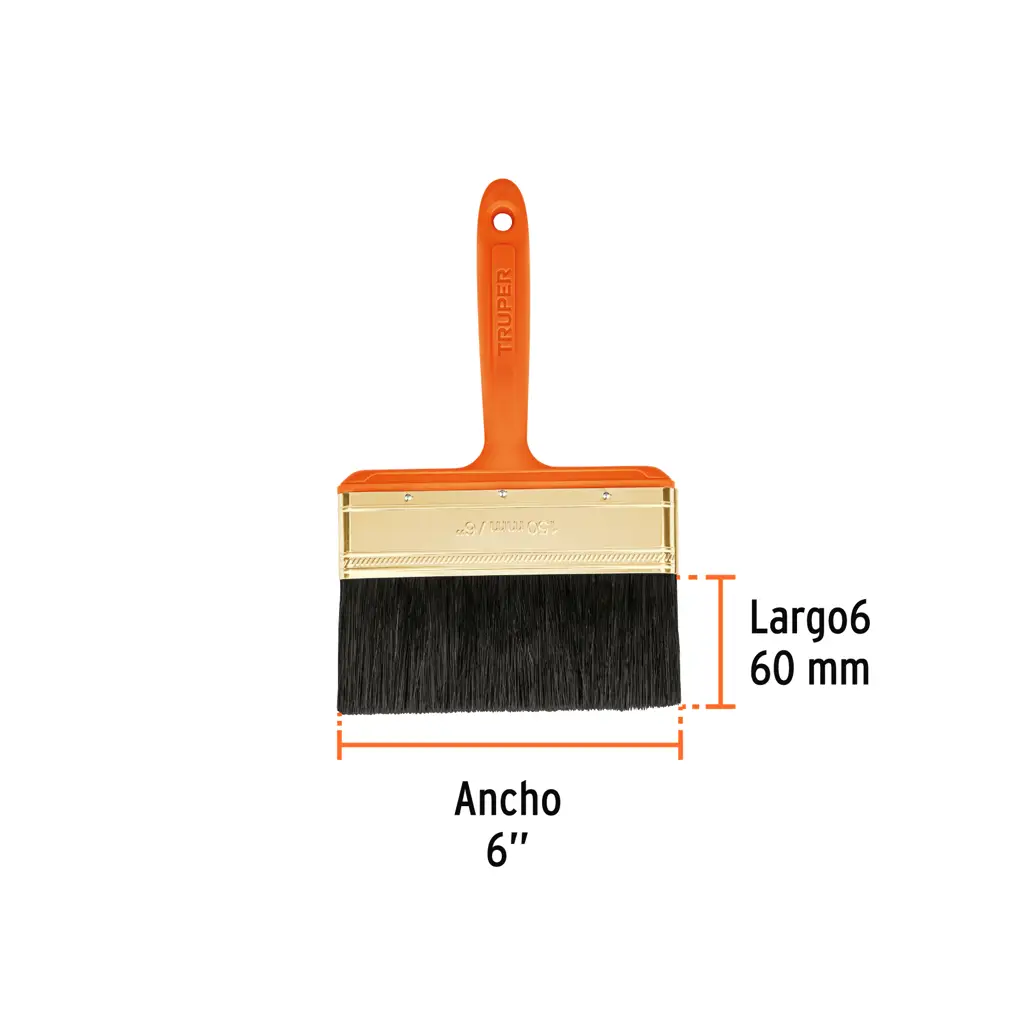 Esquema de dimensiones mostrando el ancho de 6 pulgadas y el espesor de 19 milímetros de la brocha Truper.