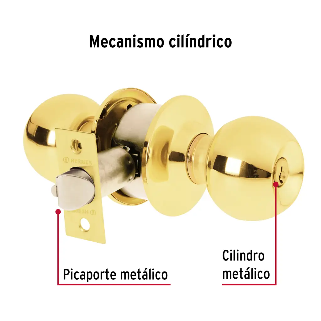 Diagrama descriptivo de la cerradura Hermex BAL-LB-RPB que señala específicamente su mecanismo cilíndrico, el picaporte metálico y el cilindro de la llave.