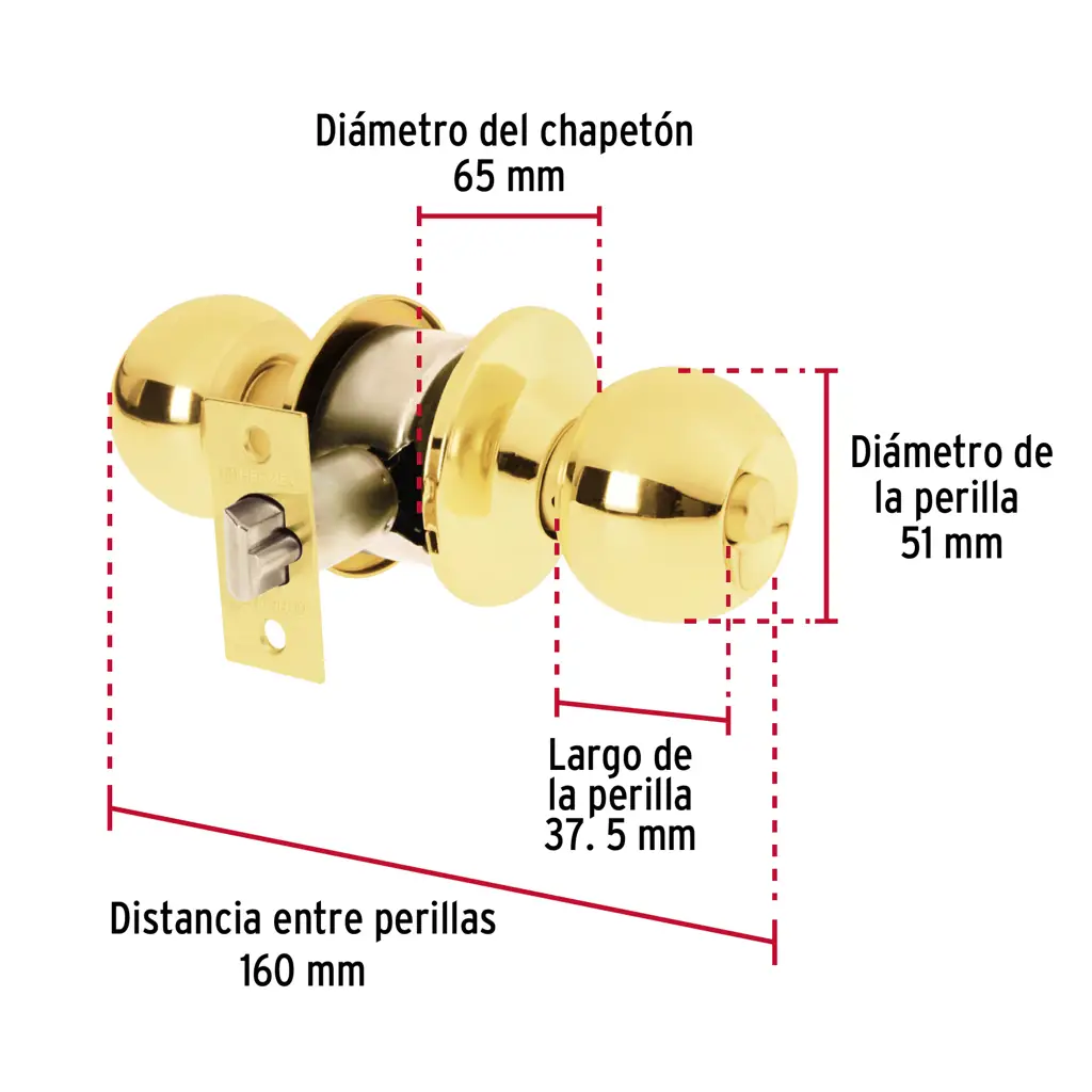 Esquema técnico con las dimensiones de la cerradura Hermex: diámetro del chapetón (65 mm), diámetro de la perilla (51 mm), largo de la perilla (37.5 mm) y distancia entre perillas (160 mm).