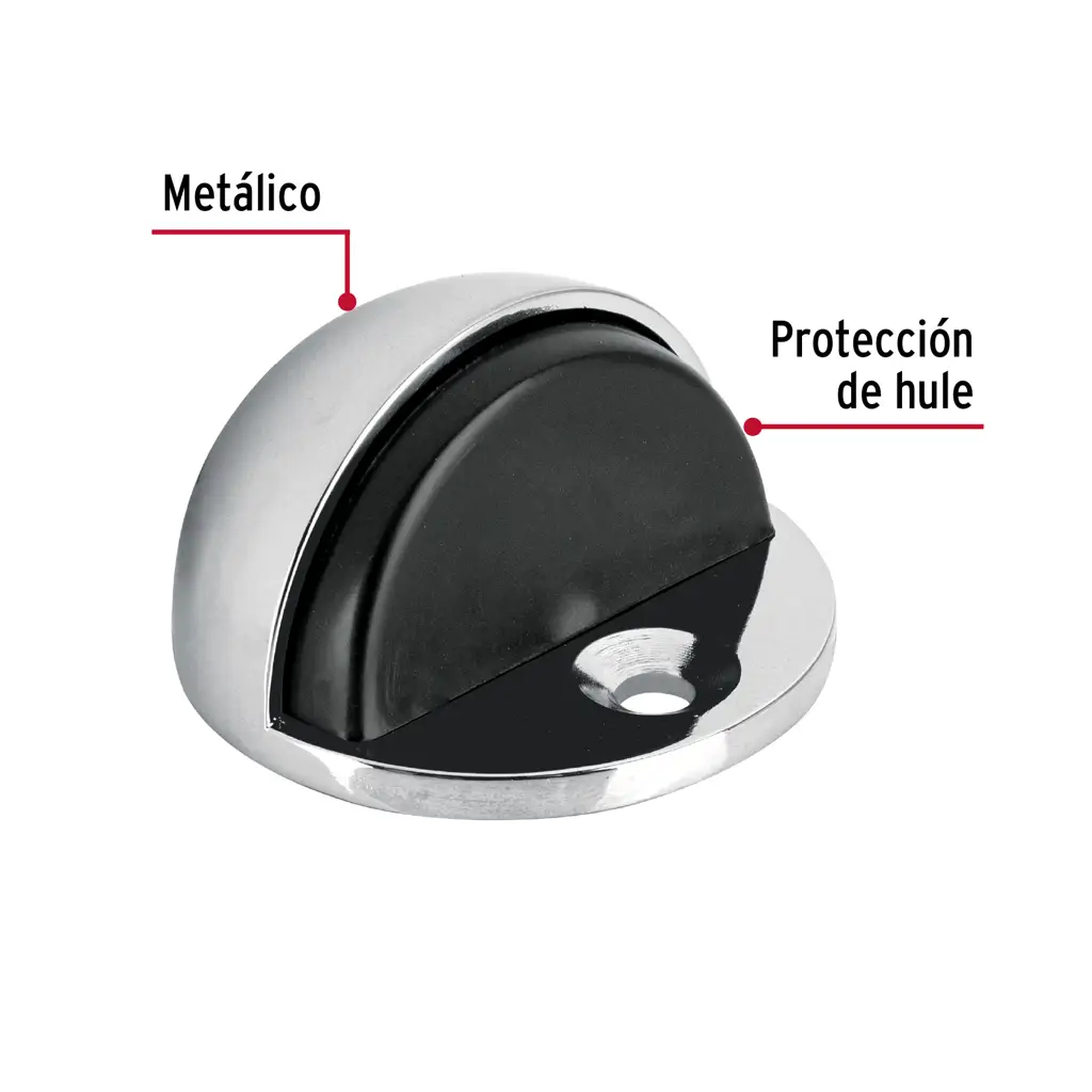 Tope para puerta de piso tipo domo marca Hermex acabado cromo con protector de goma negro 2