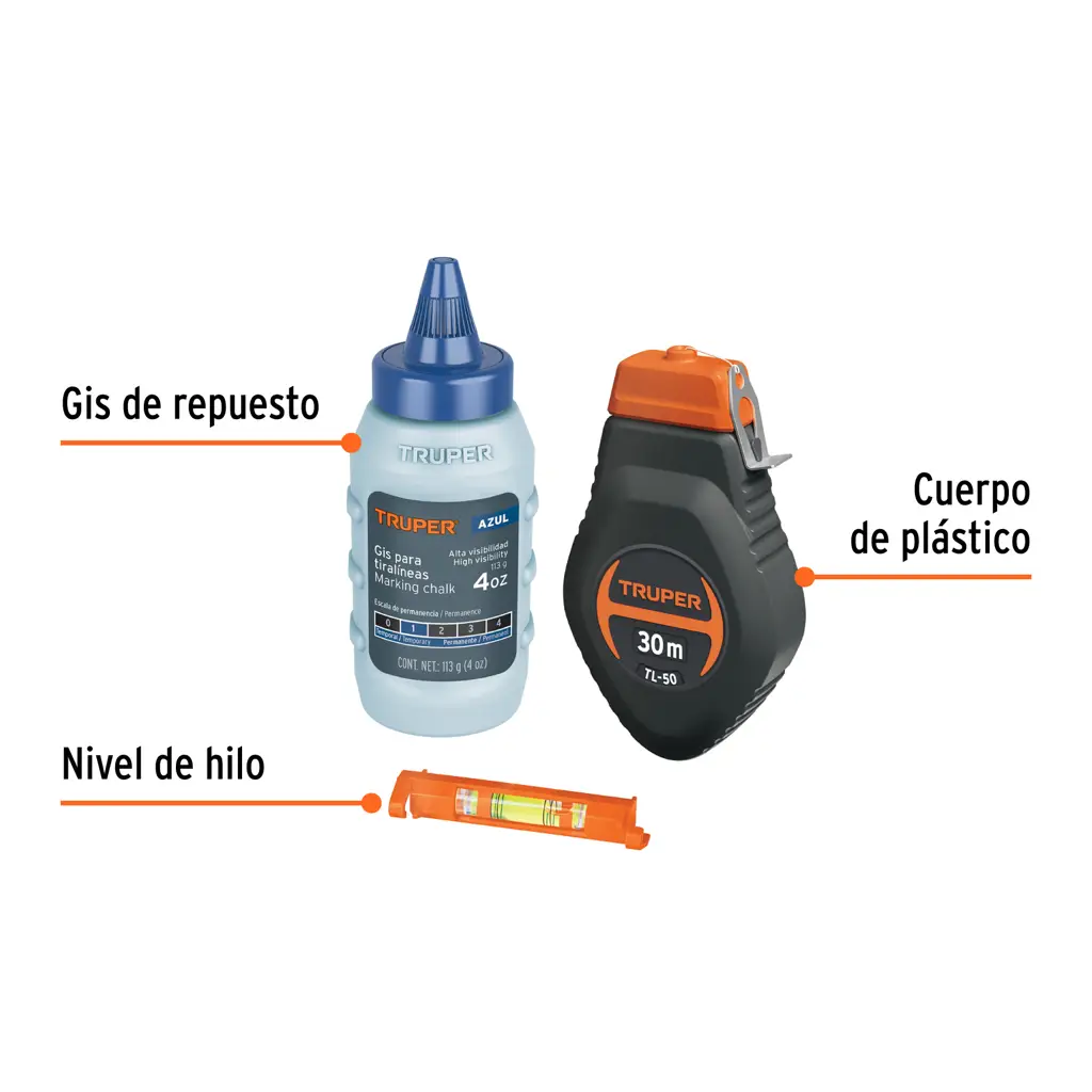 Tiralíneas Truper de 30 metros con botella de tiza azul y nivel de burbuja 2