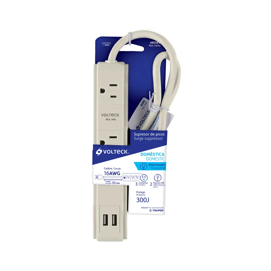Regleta eléctrica Volteck de color blanco con tres tomacorrientes y dos puertos USB integrados 4