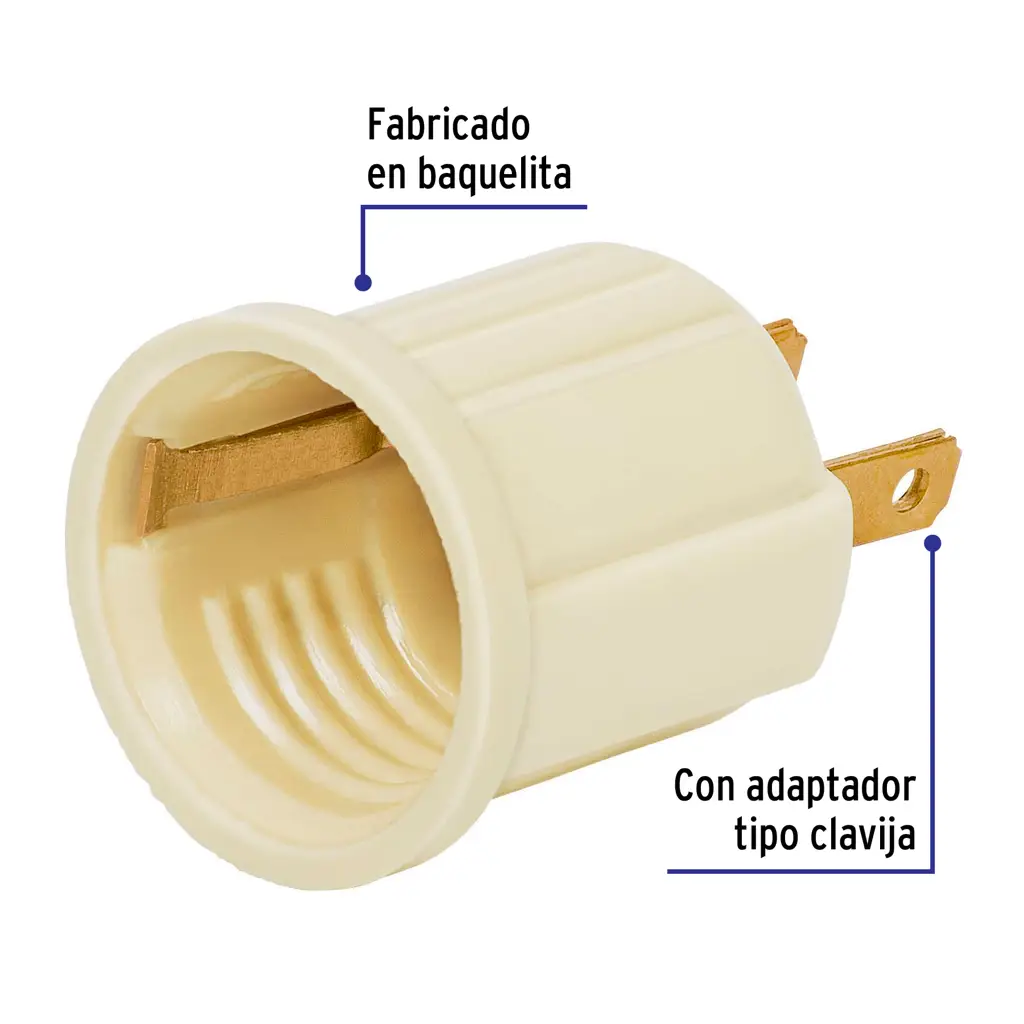 Socket de baquelita color marfil con patillas marca Volteck para conexión directa a tomacorriente 3