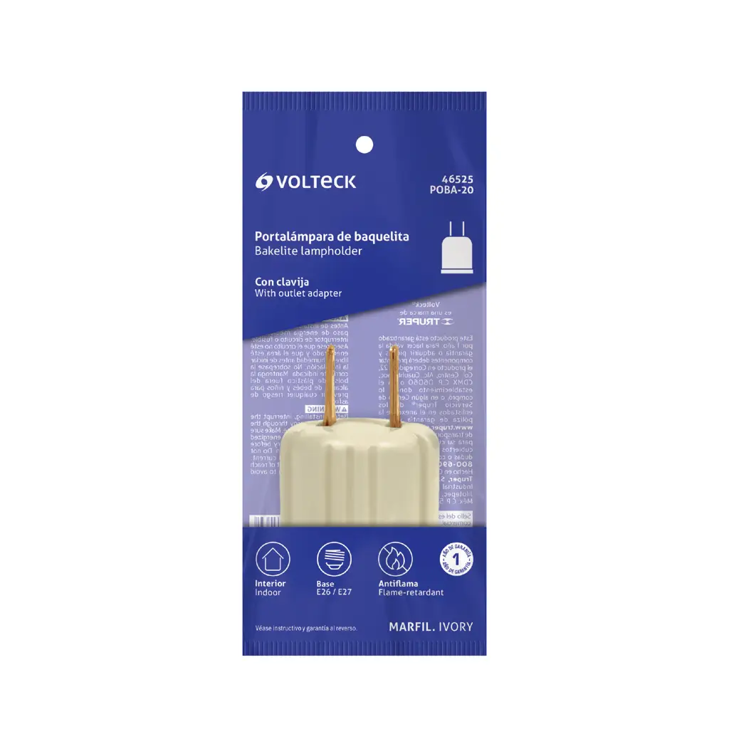 Socket de baquelita color marfil con patillas marca Volteck para conexión directa a tomacorriente 4