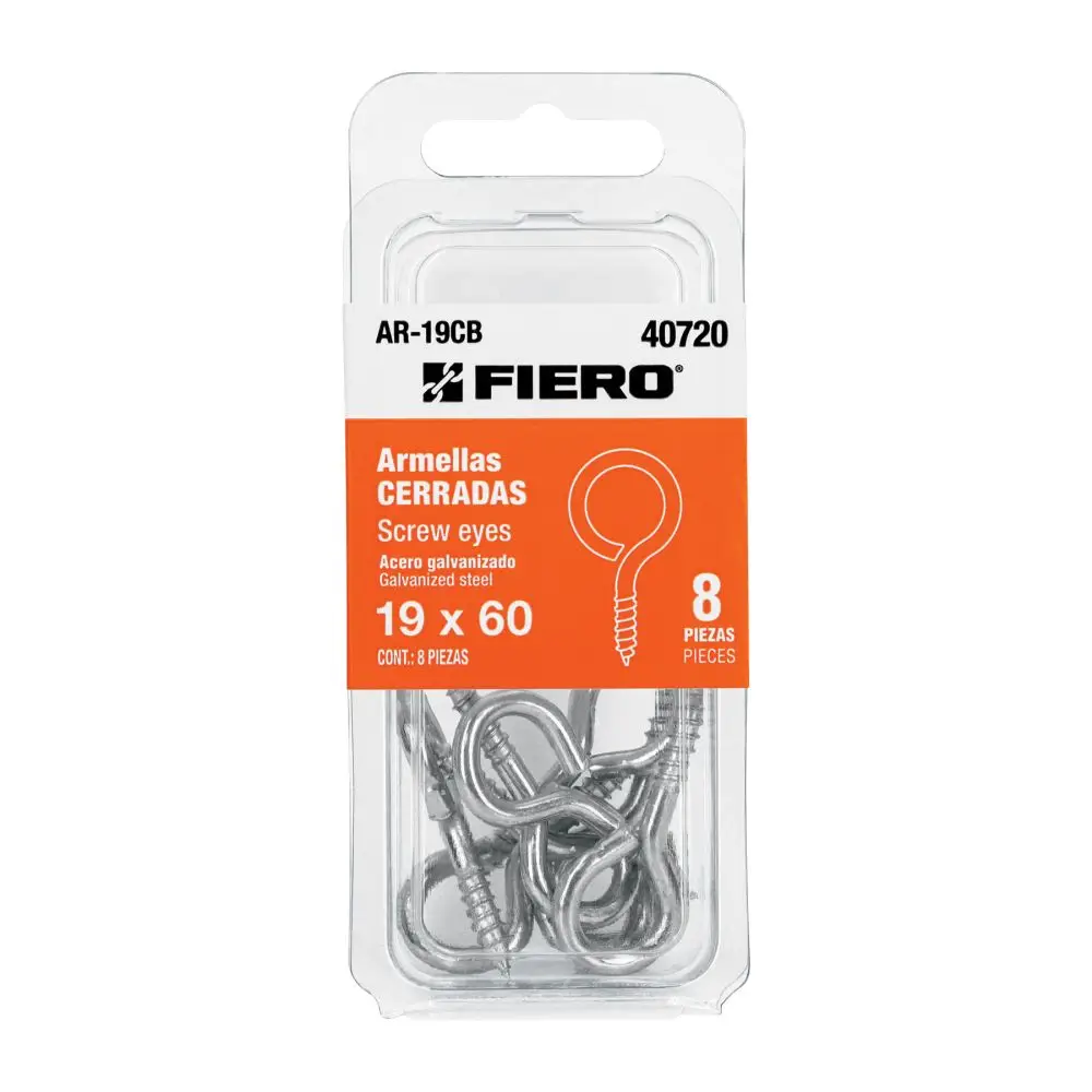 Paquete de ocho ganchos de ojo cerrado marca Fiero fabricados en acero galvanizado para colgar objetos 1